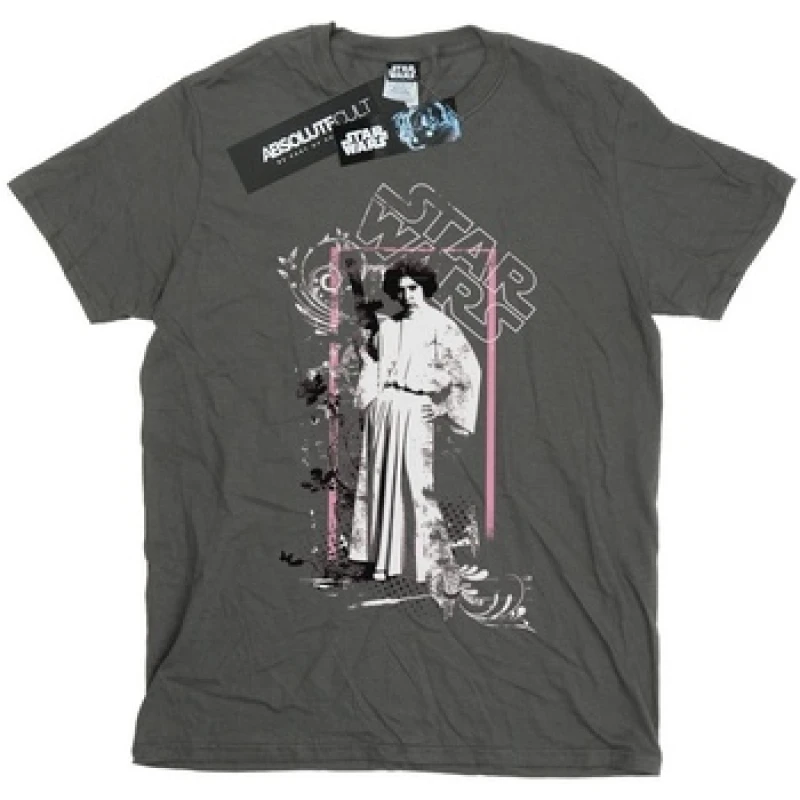 Image of Star Wars Princess Leia Distressed Cotton T-Shirt Charcoal