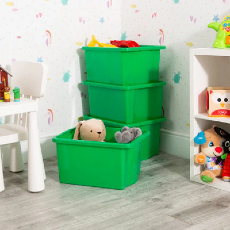 Image of Wham Stack & Store 4X 35L Plastic Storage Boxes. Ideal For Toys, Classrooms & Playrooms. Integrated Handles. Green