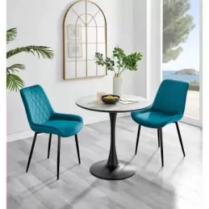 Image of Furniture Box Elina White Marble Effect Round Dining Table and 2 Blue Pesaro Black Leg Chairs