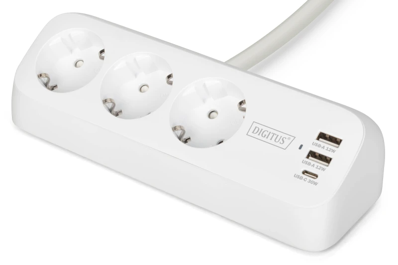 Image of Digitus 3-way office socket strip with 2x USB-A and 1x USB-C connectio