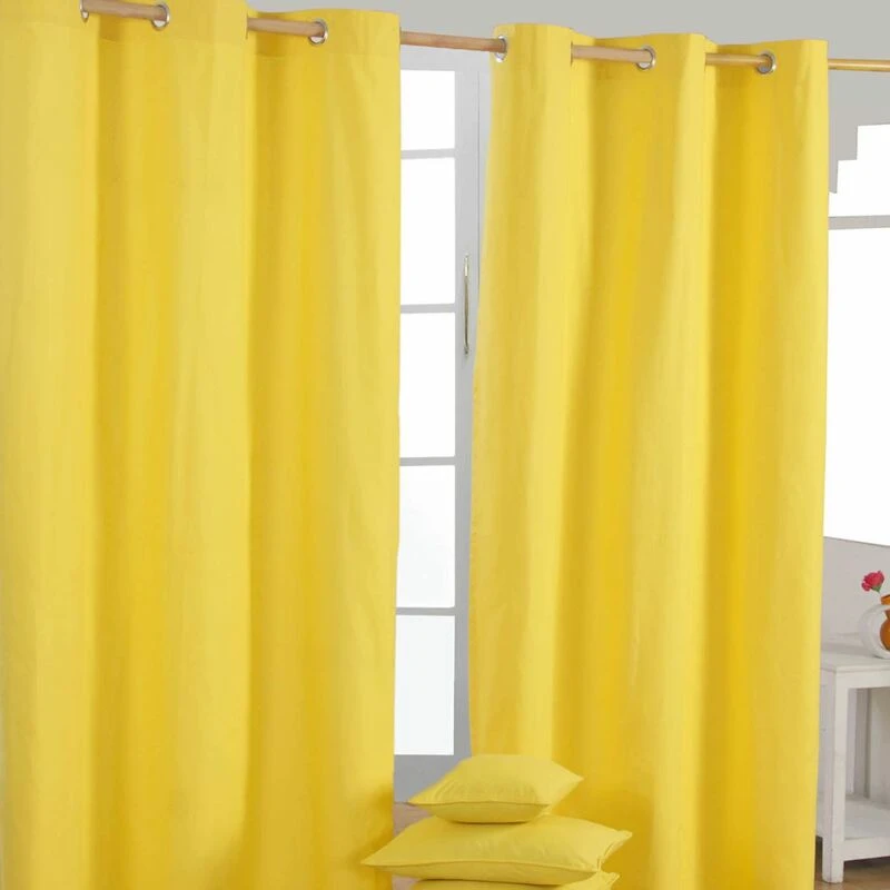 Image of Homescapes Plain Yellow Cotton Eyelet Curtains 117 X 137 Cm