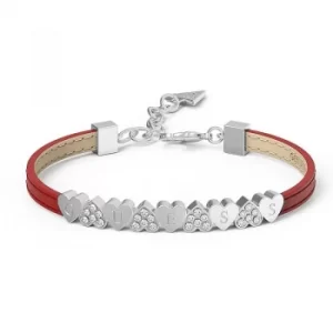 Image of GUESS red leather bracelet with rhodium plated centre bar featuring alternating pave Swarovski crystal and plain hearts, presented in a box set.