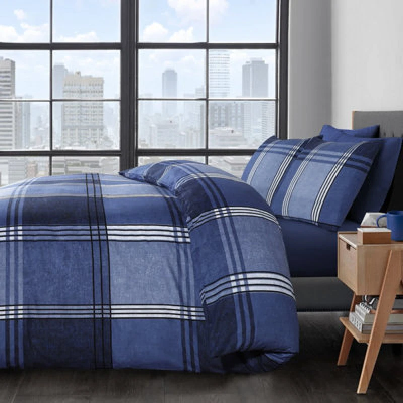 Image of Velosso Contemporary Plaid Pattern Duvet Cover Set with Button Enclosure in Blue Size: Double Blue Unisex Double
