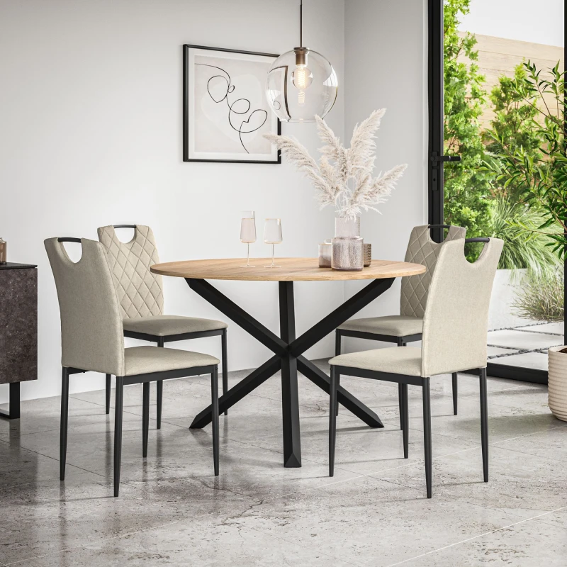 Image of More4Homes Malvern Round Dining Table And Chairs - Oak Table Top W Solid Oak Black Legs + Monza Fabric Dining Chair Set Of 4 (Beige)