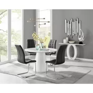 Image of Furniturebox Palma White High Gloss 4 Seat Minimalist Post Modern Round Dining Table & 4 Black Murano Faux Leather Chairs