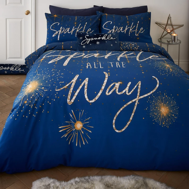 Image of Catherine Lansfield Sparkle Reversible Duvet Cover Bedding Set Navy