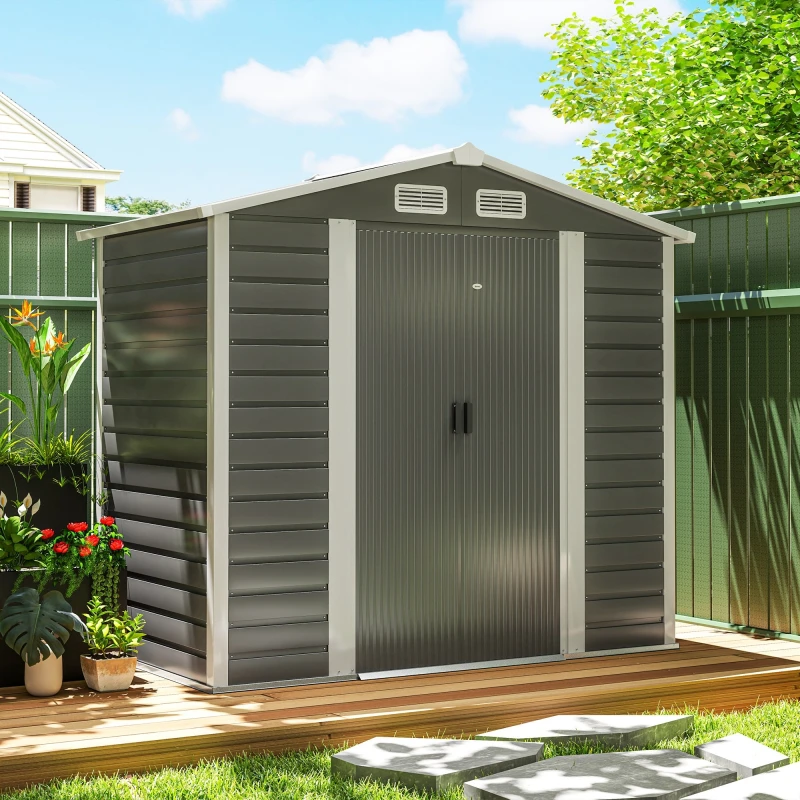 Image of Outsunny Outsunny 7 x 4ft Metal Garden Shed with Double Doors and Gloves, Dark Grey Dark Grey