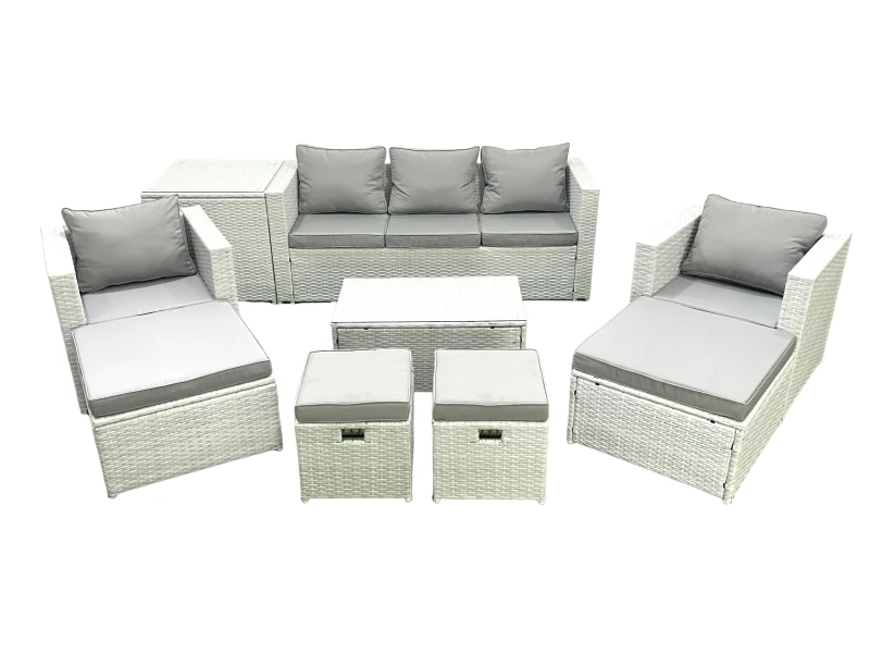 Image of Fimous 9 Pieces Rattan Garden Furniture Set Outdoor Garden Sofa Chair Coffee Table Set with Side Table 4 Footstools Light Grey Mixed Light Grey