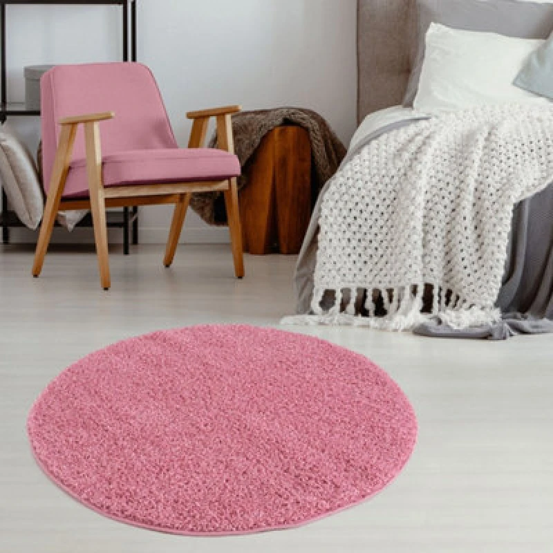 Image of THE RUGS Shaggy Rugs Pink Living Room Rug - Soft Fluffy Thick Carpet For Bedrooms & Kitchen Easy To Clean Home Decor Rugs Size: 120cm diameter Pink