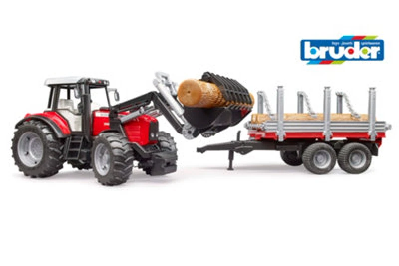 Image of Bruder 1:16 Massey Ferguson 7480 with frontloader & timber trailer in Red Size: 1 Pack Red Unisex 1 Pack