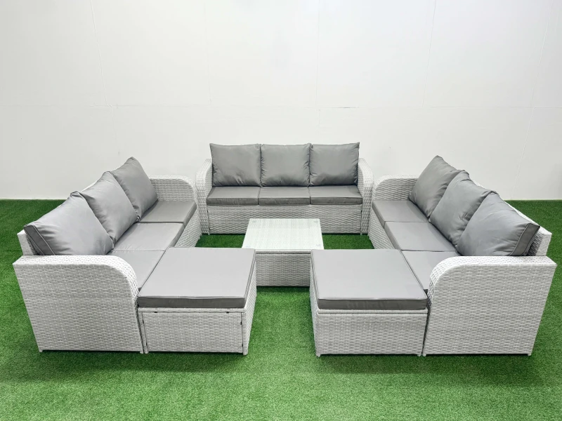 Image of Fimous PE Rattan Lounge Sofa Set 11 Seater Outdoor Garden Furniture Set with Square Coffee Table 3 Seater Sofa 2 Big Footstools Light Grey Light Grey