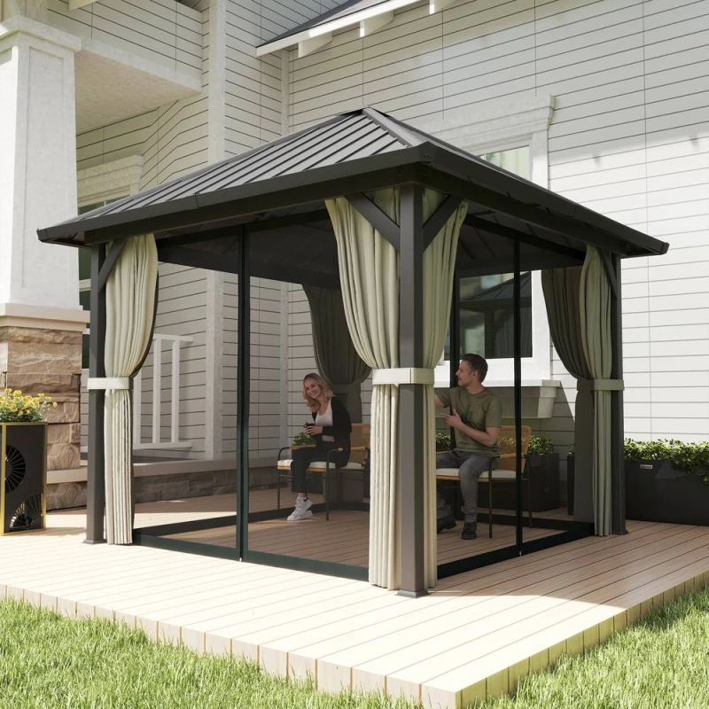 Image of OUTSUNNY 3 x 3(m) Metal Hardtop Gazebo with Netting & Curtains, Black Unisex