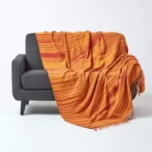 Image of Bed Sofa Throw Cotton Chenille Tie Dye Orange, 150 x 200cm - Orange - Homescapes