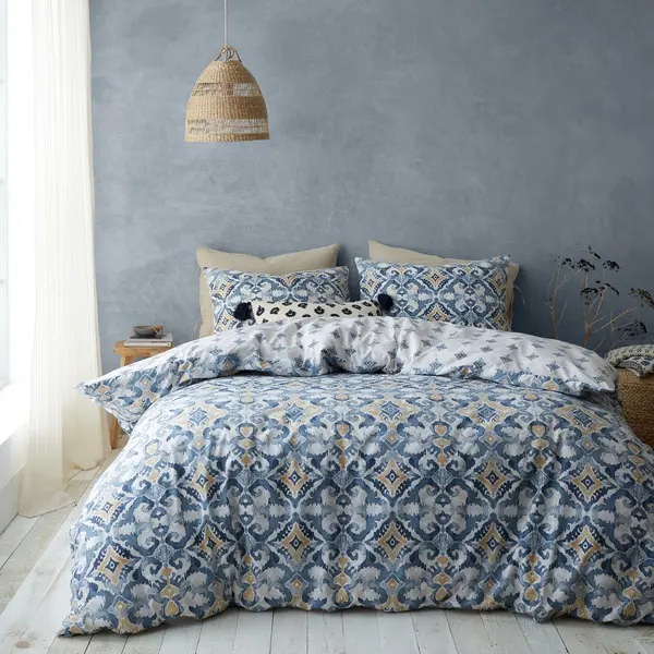 Image of Pineapple Elephant Inara Ikat Indigo Blue Duvet Cover and Pillowcase Set Indigo (Blue)