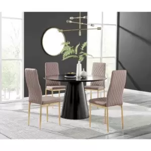 Image of Furniture Box Palma Black Semi Gloss Round Dining Table and 4 Cappuccino Milan Gold Leg Chairs