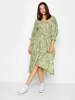 Image of Long Tall Sally Palm Print Linen Dress, Green, Size 8, Women