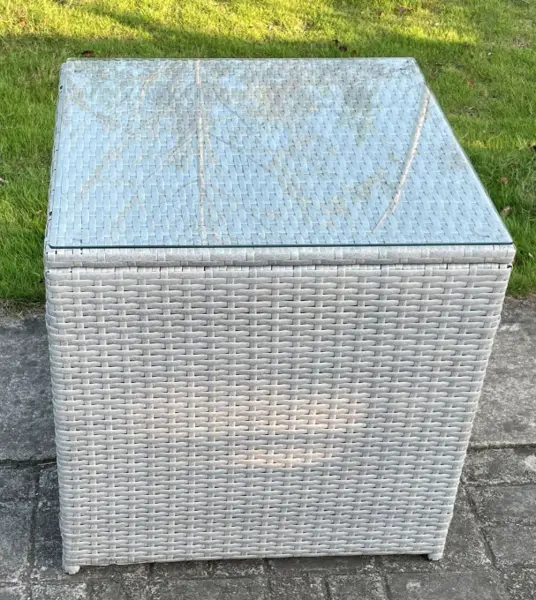 Image of Fimous Outdoor Light Grey Rattan Cube Side Table with Clear Tempered Glass