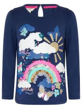 Image of Monsoon Girls Rainbow Sequin T-Shirt - Navy