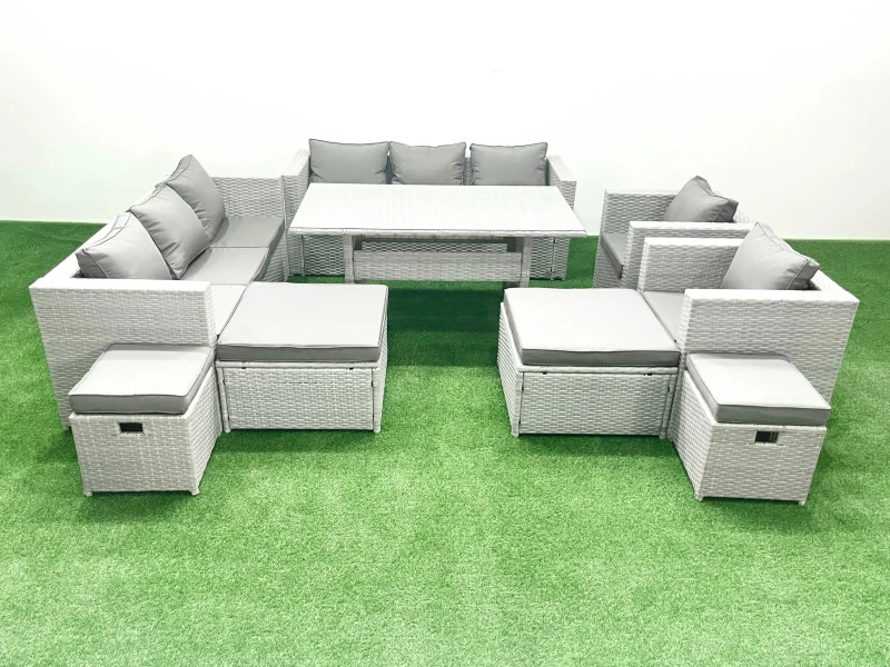 Image of Fimous Rattan Garden Furniture Dining Set 12 Seater Lounge Sofa Chair Dining Table Set with 4 Footstools Light Grey Mixed Light Grey