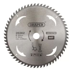 Image of Draper TCT Construction Circular Saw Blade, 305 x 30mm, 60T