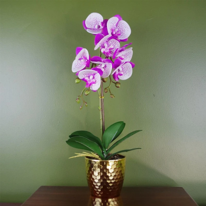 Image of Leaf 50cm Phalaenopsis Orchid Artificial - Purple / White - Gold Pot Pink
