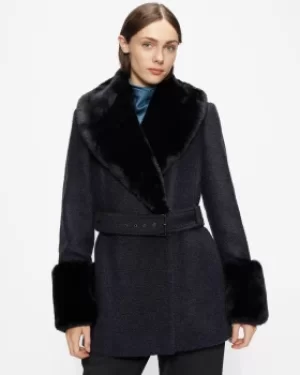 Image of Belted Coat With Faux Fur Collar And Cuffs