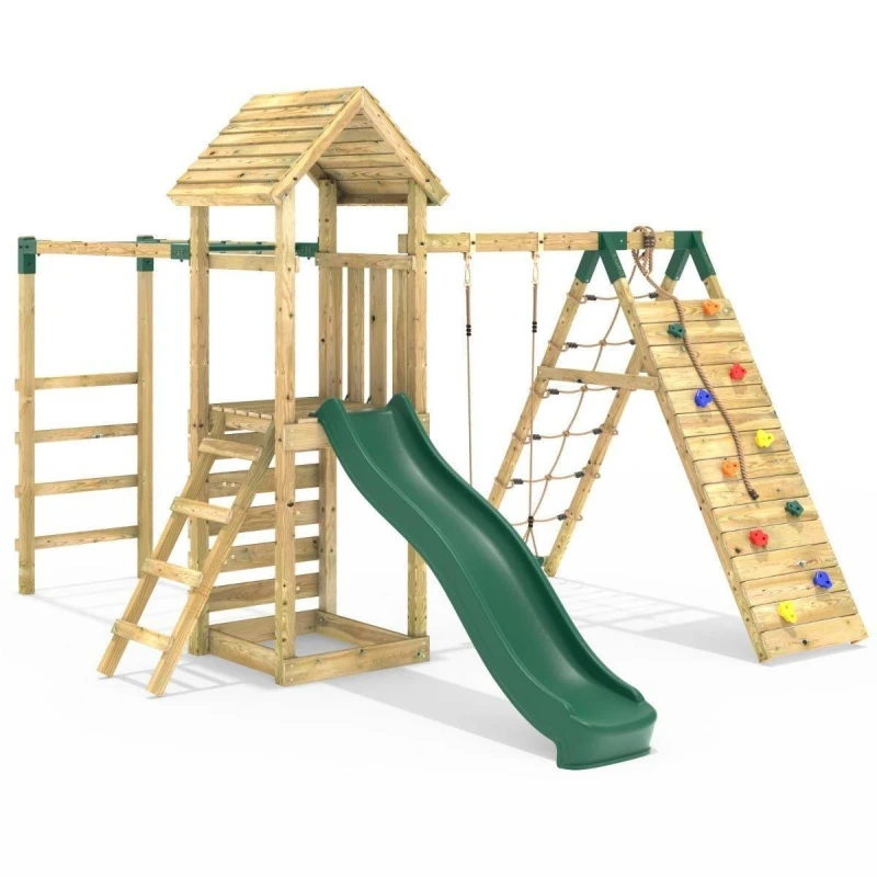 Image of Rebo Wooden Climbing Frame with Swing, Climbing Wall, Monkeybars and Slide - Carpathian Green Green