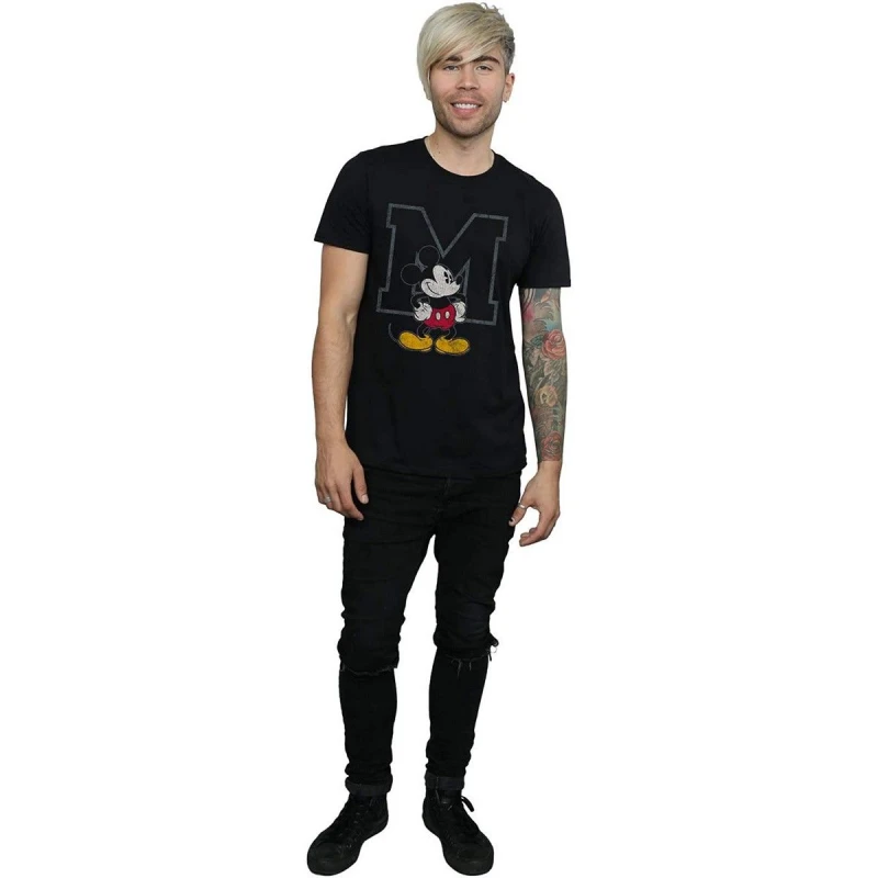 Image of Disney Men Classic M Mickey Mouse Cotton T-Shirt in Black Size: Small Black S Male 5063377452624
