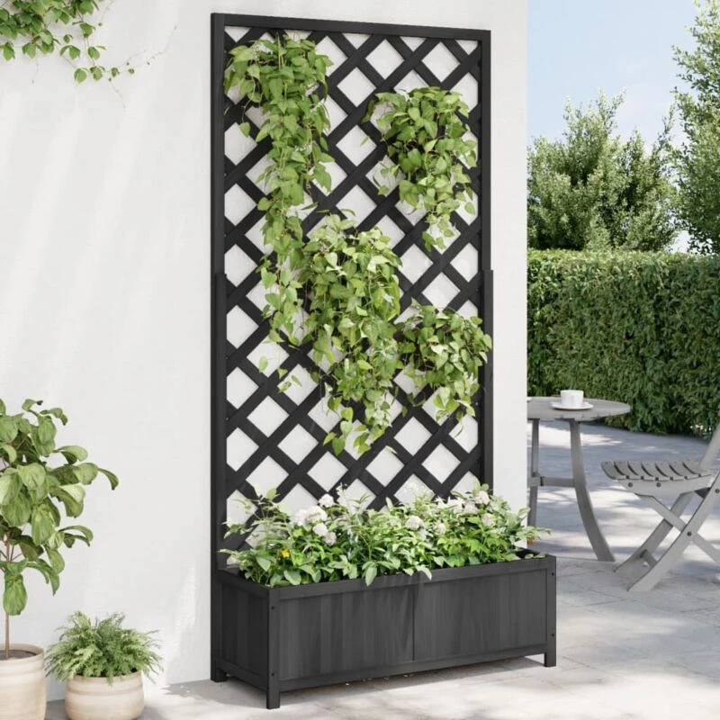 Image of vidaXL Planter w/ Trellis Black Solid Wood Fir, Black 365481