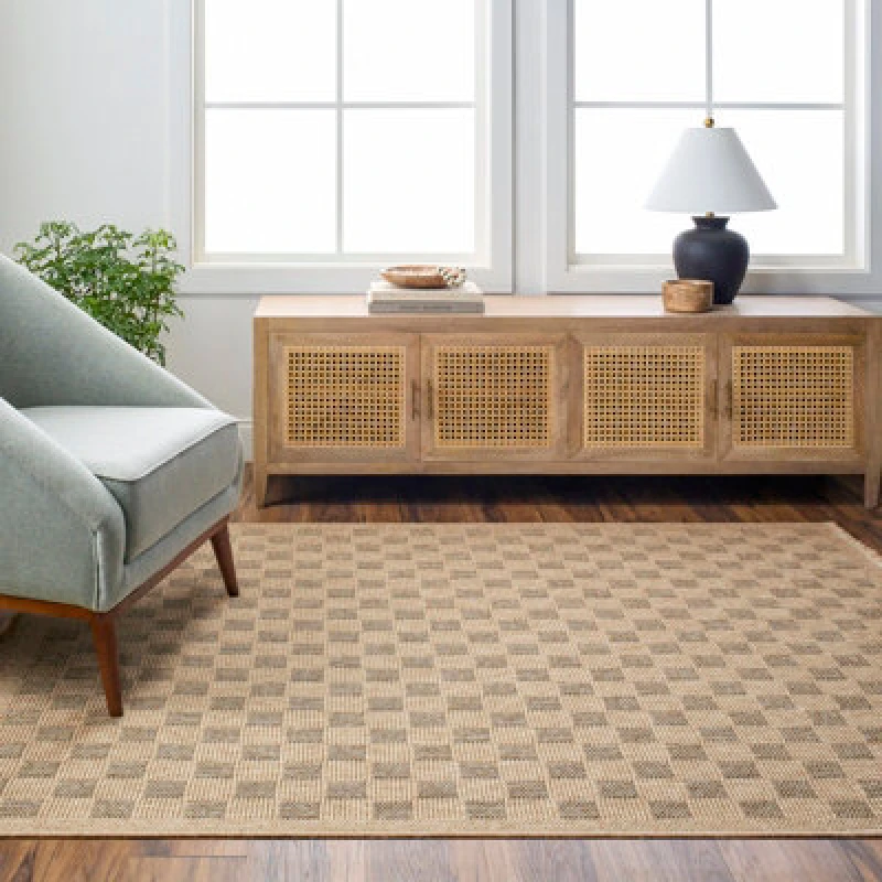 Image of Livabliss In- & Outdoor Cottage Jute-Look Light Brown/black Checkered Tori Area Rug 160 X 213cm - Perfect For Balcony Or Dining Room