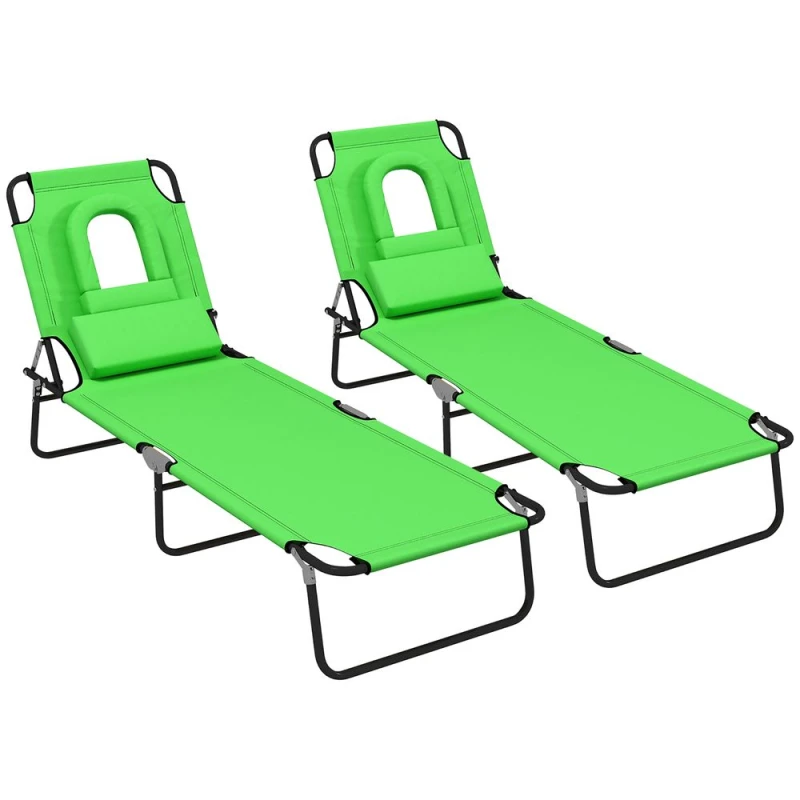 Image of Outsunny Folding Sun Lounger Set of 2 Reclining Chair with Reading Hole Green 84B-002V01GN