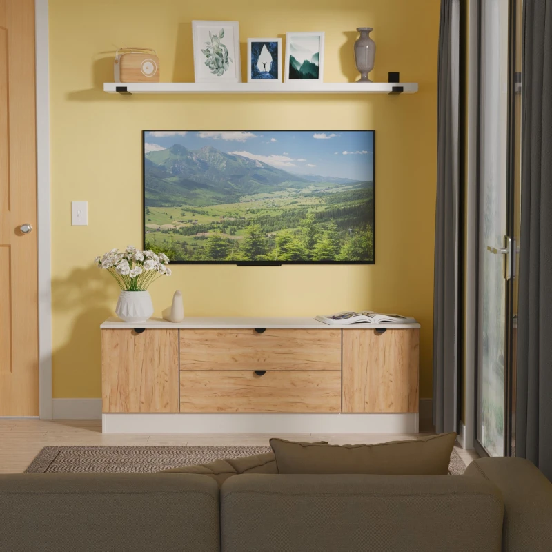 Image of Welcome Furniture Ltd Bora 2 Door 2 Drawer Wide TV Unit in Gold Craft Oak & Kashmir - Ready Assembled, Cream BOP211GCKM