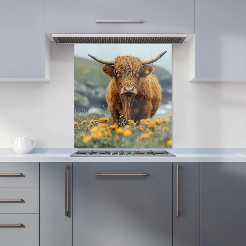 Image of Warren Reed - Designer Highland Cow By The Coast Kitchen Splashback in Brown Size: 700mm x 650mm Brown Unisex 700mm x 650mm