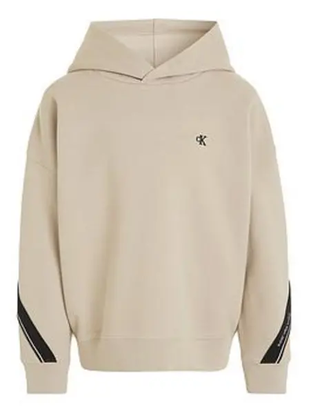 Image of Calvin Klein Jeans Boys Pique Interlock Tape Hoodie - Taupe, Beige, Size 16 Years