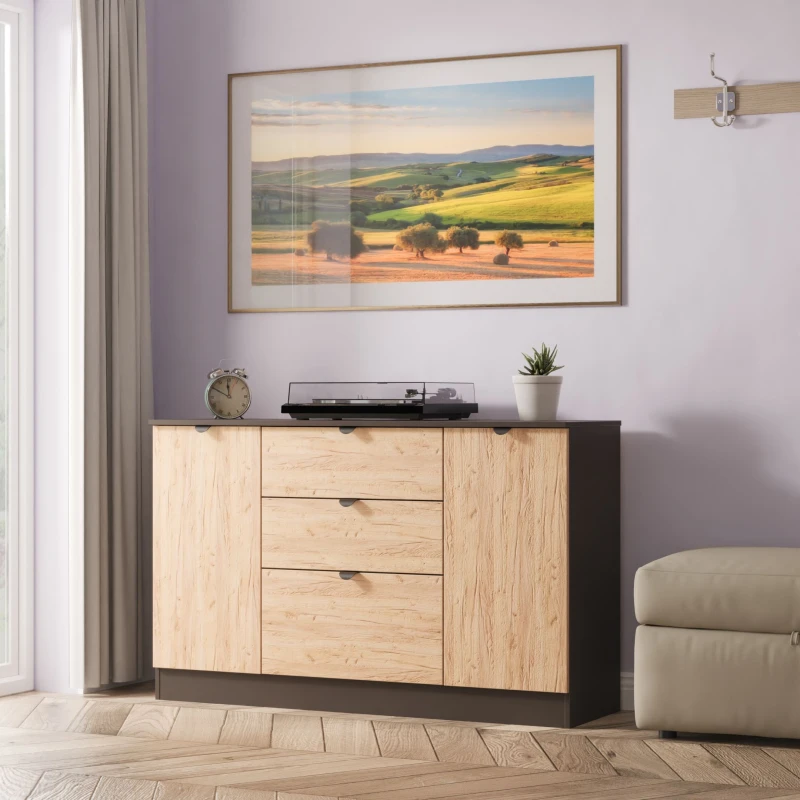Image of Welcome Furniture Ltd Bora 2 Door 3 Drawer Sideboard in Gold Craft Oak & Graphite - Ready Assembled, Grey BOP206GCGB