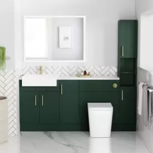 Image of 1800mm - 2100mm Green Toilet and Sink Unit with Tall Cabinet Marble Effect Worktop and Brushed Brass Fittings - Coniston