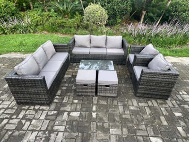 Image of Fimous Wicker PE Rattan Sofa Set Outdoor Patio Garden Furniture with 2 Armchairs Oblong Coffee Table 2 Small Footstools Dark Grey