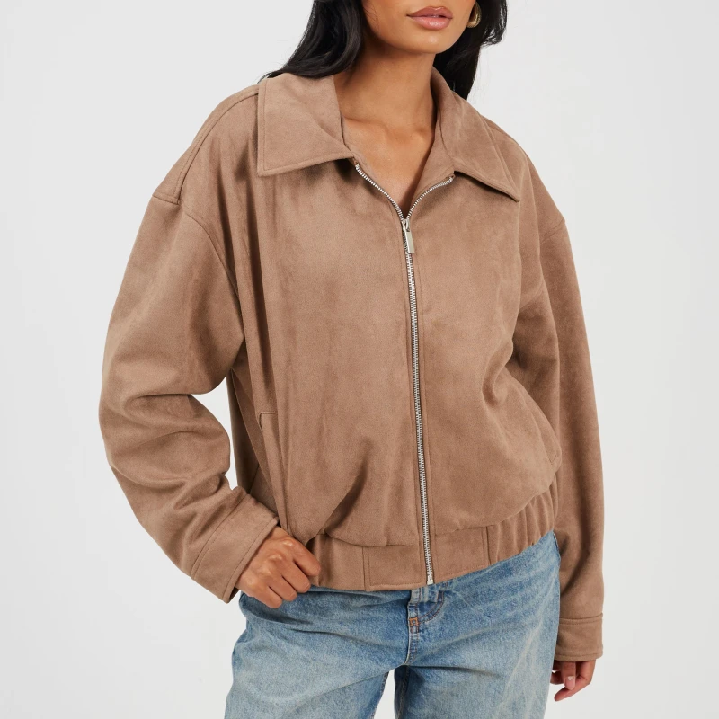 Image of Brave Soul Womens Faux Suede Bomber Jacket in Taupe Size: 10 Taupe Female 10