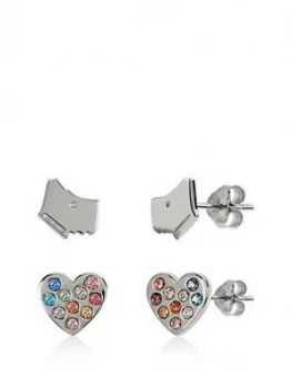 Image of Radley Sterling Silver Dog And Rainbow Crystal Heart Stud Ladies Earrings Set