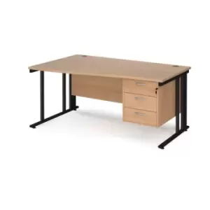 Image of Office Desk Left Hand Wave Desk 1600mm With Pedestal Beech Top With Black Frame Maestro 25 MCM16WLP3KB