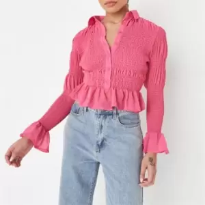 Image of Missguided Shirred Chiffon Frill Blouse - Pink