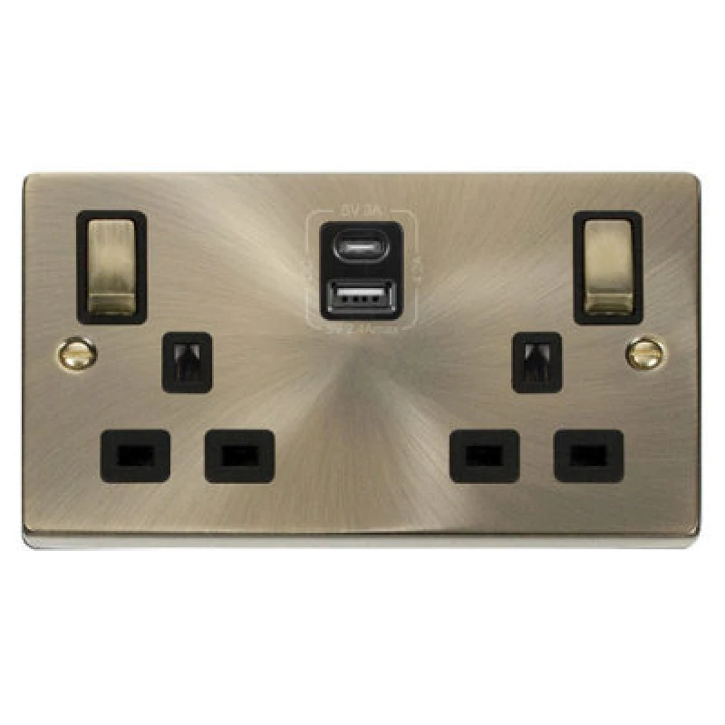 Image of SE Home Antique Brass 2 Gang 13A DP Ingot Type A & C USB Twin Double Switched Plug Socket Gold unisex