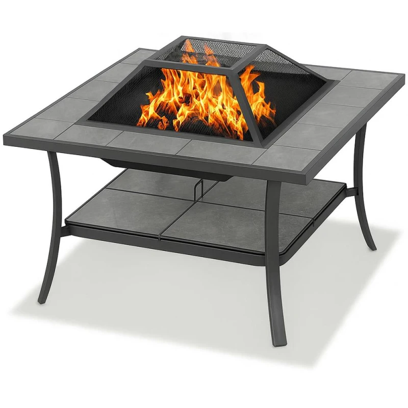 Image of CENTURION SUPPORTS Centurion Supports SHANGO Premium Multi-Functional Black with Ceramic Tiles Outdoor Garden & Patio Square Heater Fire Pit Brazier a