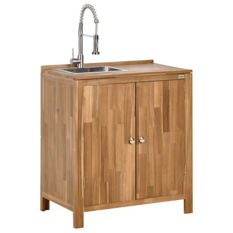 Image of Beliani Outdoor Kitchen Cabinet With Sink Venosa Acacia Wood Brown/ Silver