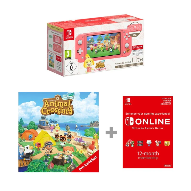 Image of Switch Lite: Isabelle Alhoa Edition with Animal Crossing: New Horizons installed, Mario Kart 8 Deluxe & Nintendo Switch Online 12 Month Membership Bun
