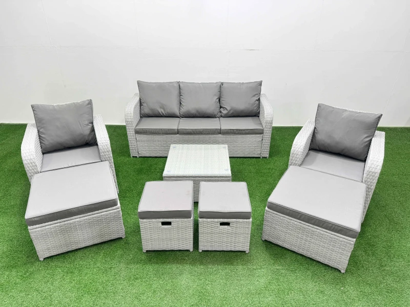Image of Fimous PE Rattan Lounge Sofa Set with Coffee Table 3 Seater Sofa 4 Footstools in Light Grey Light Grey Unisex