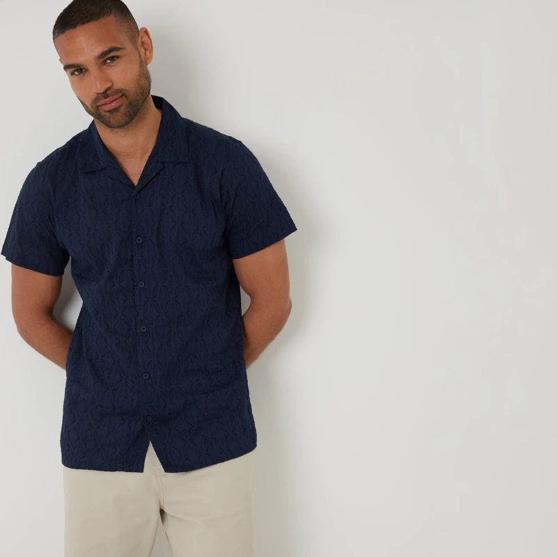 Image of Threadbare Cotton Pluck Textured Short Sleeve Shirt Navy male L