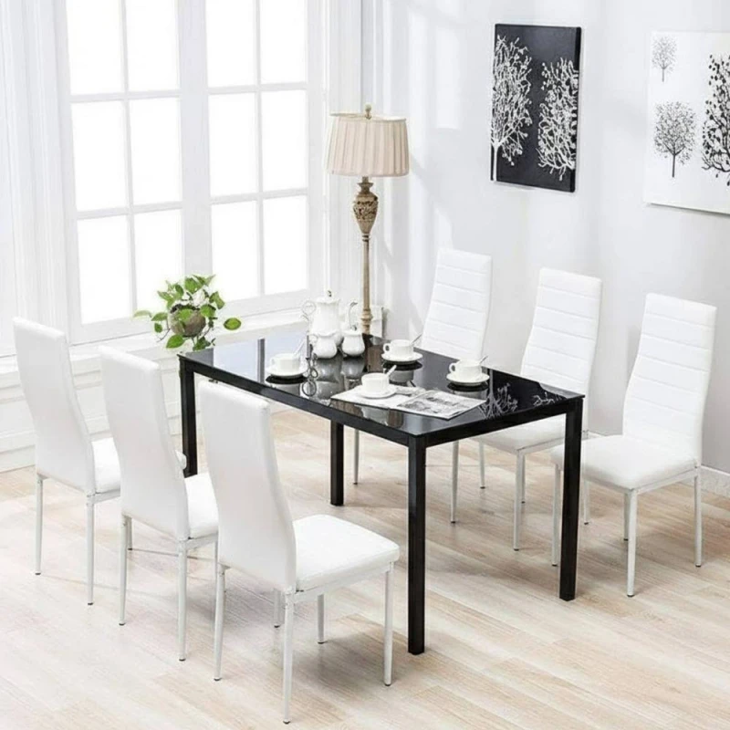 Image of KOSY KOALA Black Glass Dining Table With Set of 6 White Faux Leather Chairs Multicolor Unisex