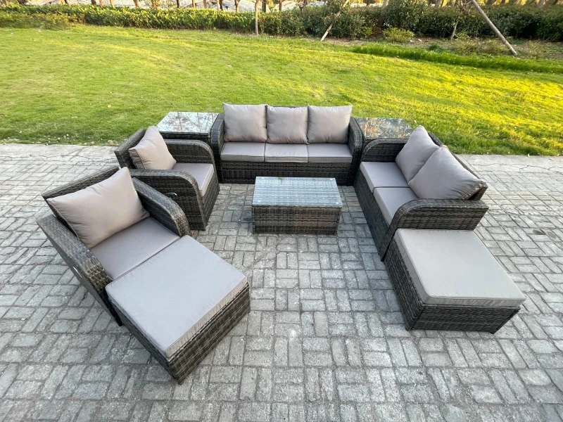 Image of Fimous Patio Garden Furniture Sets Wicker 9 Seater Outdoor Rattan Furniture Sofa Sets with Rectangular Coffee Table Reclining Chair Dark Grey
