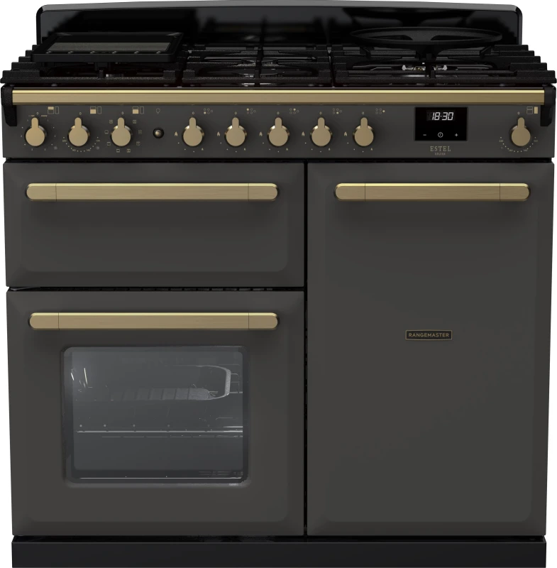 Image of Rangemaster Estel Deluxe ESDL100DFPSLT/AB1 100cm Dual Fuel Range Cooker - Slate / Antique Brass - A/A Rated